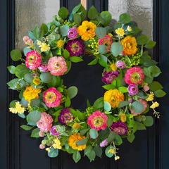 Spring Wreaths for Front Door 24 Inch Outdoor Spring Wreath with Peony Rose Ranunculus & Eucalyptus,Handmade Silk Summer Wreaths for Front Door,Spring Door Wreath for Porch Home Wall Window