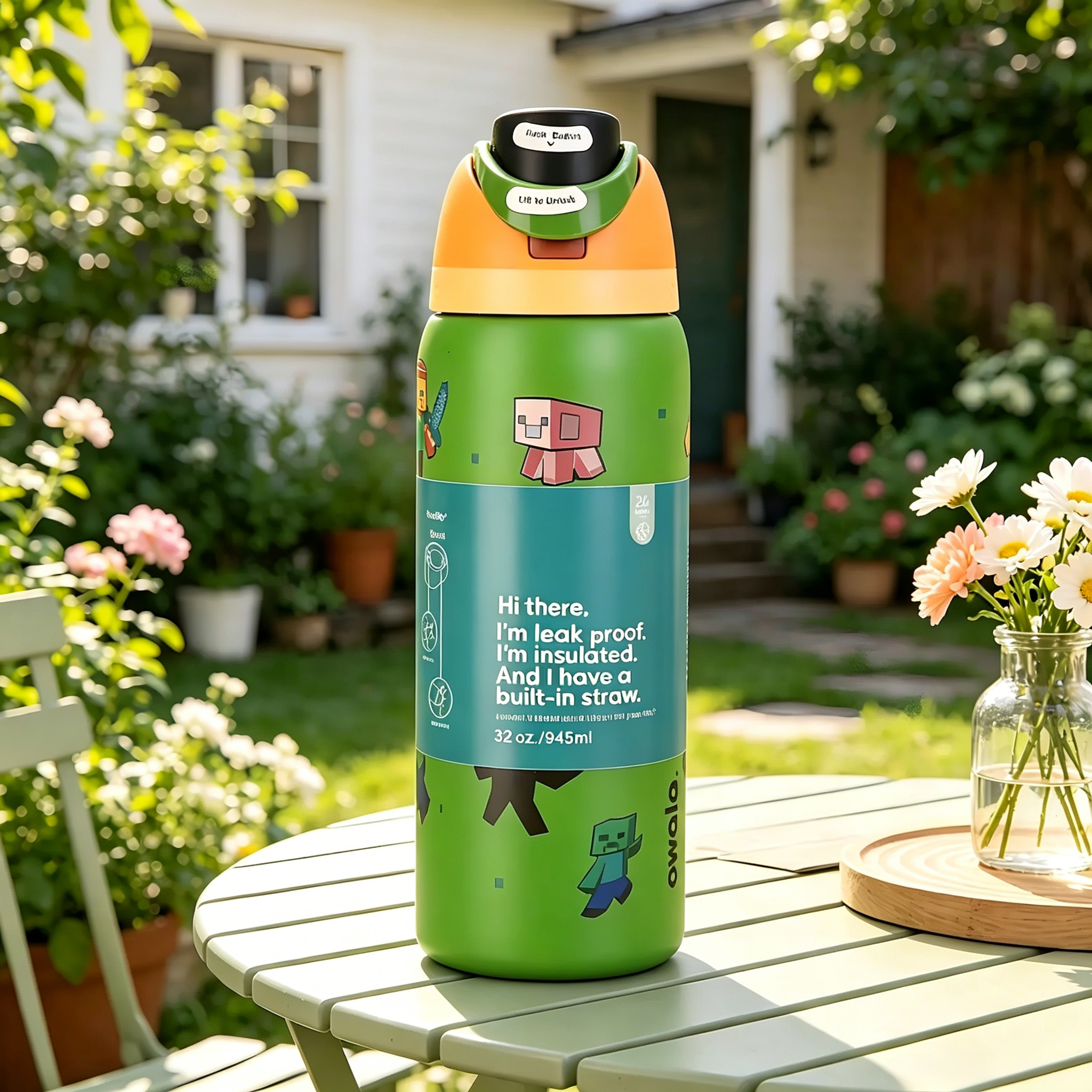 32oz Minecraft FreeSip Insulated Stainless Steel Water Bottle for Sports and Travel, BPA-Free