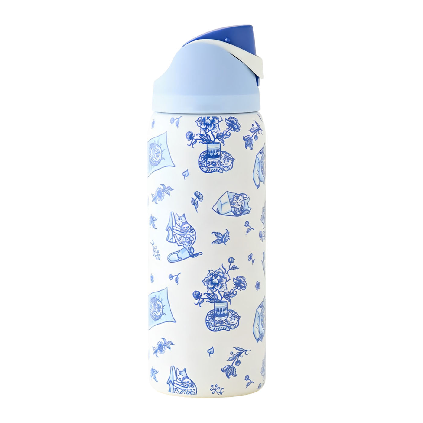 32oz Exclusive Delft Cat Print FreeSip Insulated Stainless Steel Water Bottle for Sports and Travel, BPA-Free