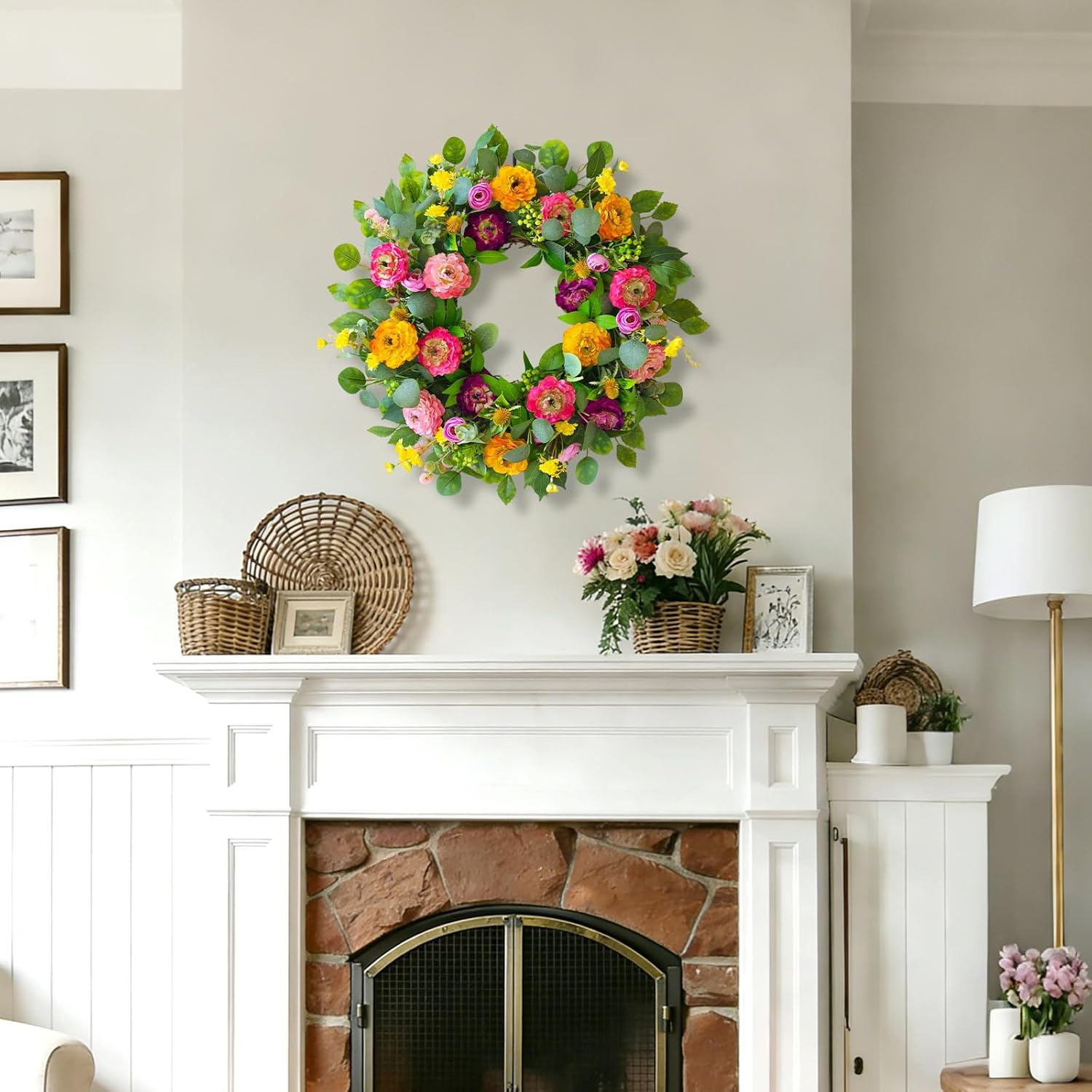 Spring Wreaths for Front Door 24 Inch Outdoor Spring Wreath with Peony Rose Ranunculus & Eucalyptus,Handmade Silk Summer Wreaths for Front Door,Spring Door Wreath for Porch Home Wall Window