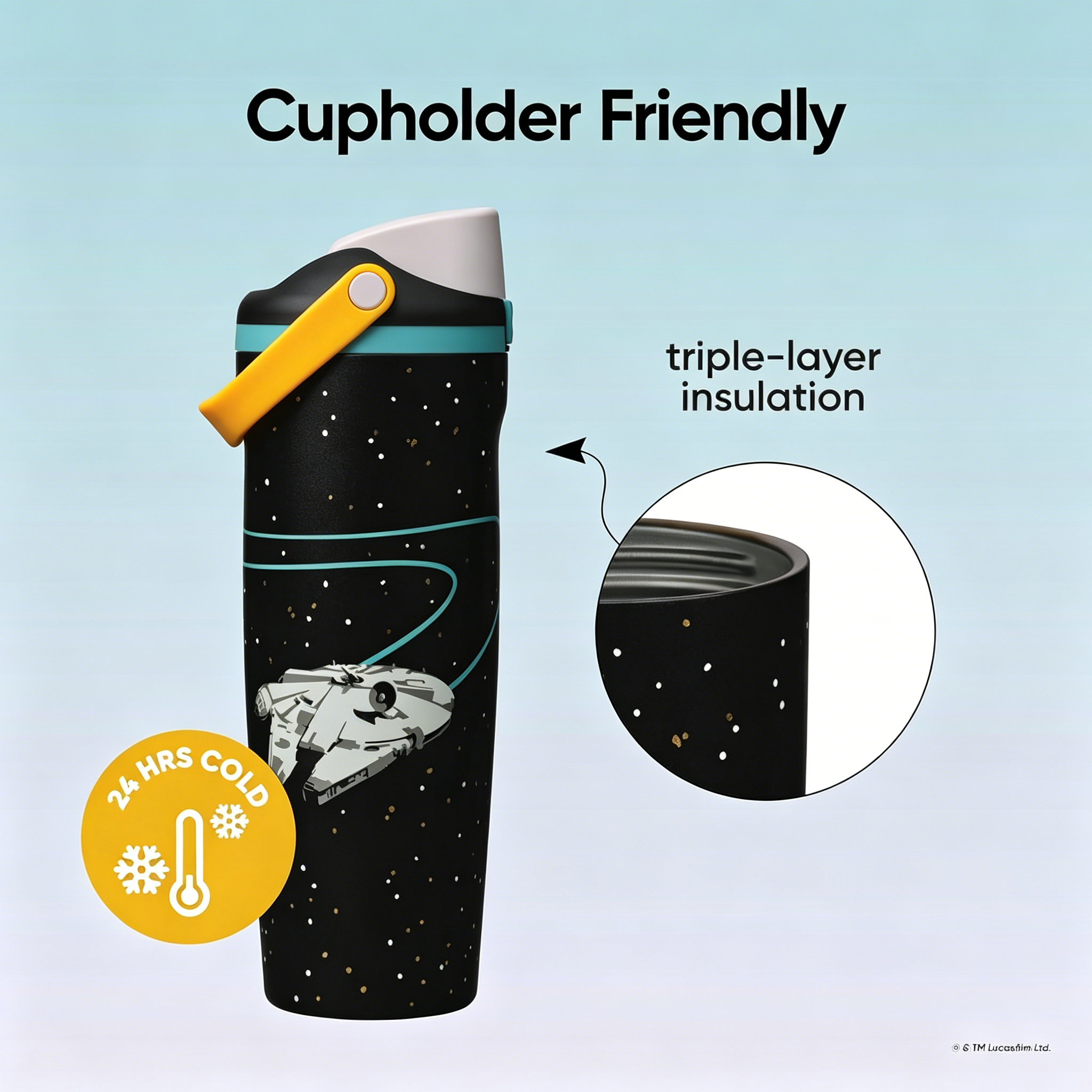 30oz StarWars FreeSip Sway Insulated Stainless Steel Water Bottle with Two-Way Spout, Built-In Straw and Bucket Handle, School, and Sports, 30oz, BPA Free, Leak Proof, Millennium Falcon