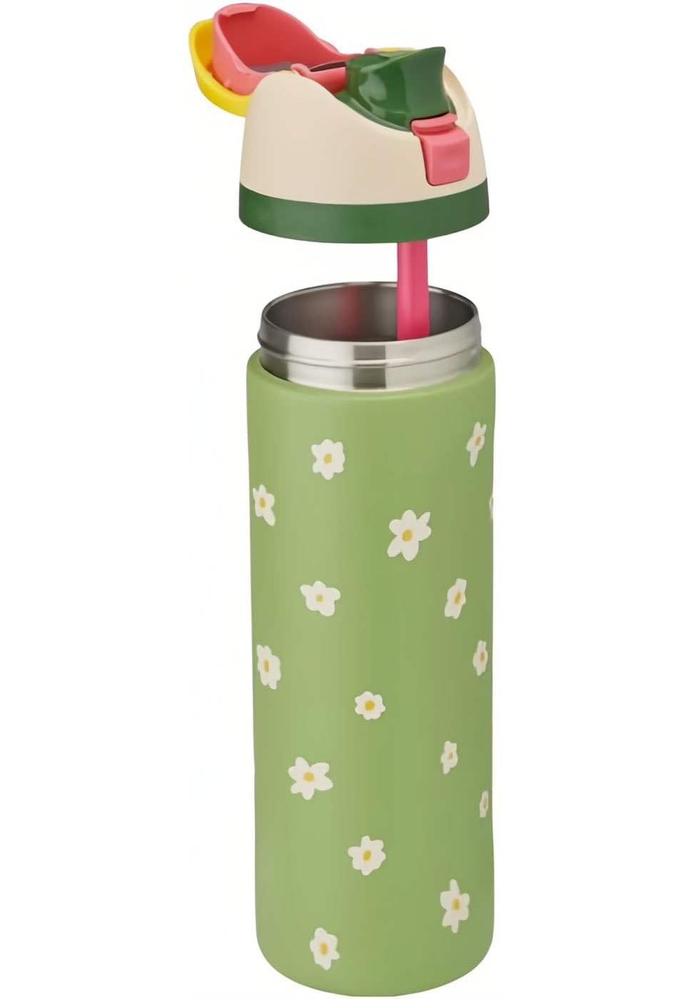 32oz Exclusive Green Daisy FreeSip Insulated Stainless Steel Water Bottle for Sports and Travel, BPA-Free