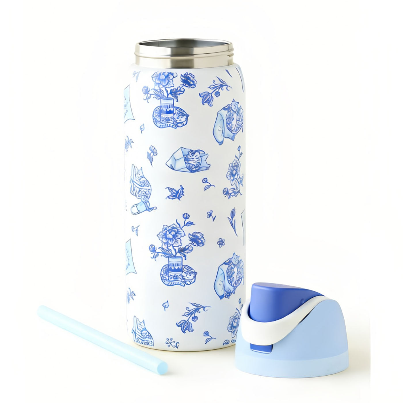 32oz Exclusive Delft Cat Print FreeSip Insulated Stainless Steel Water Bottle for Sports and Travel, BPA-Free